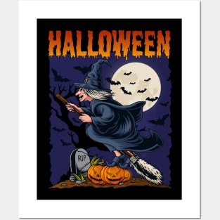 Halloween night flying witch Posters and Art